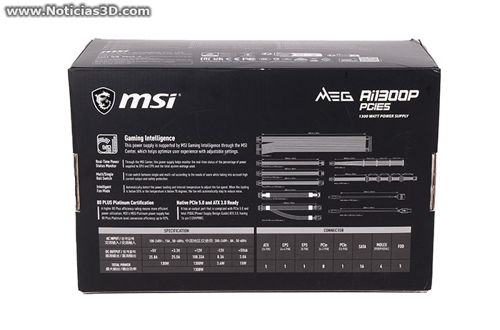 MSI MEG AI1300P PCIE5 Caja de la MSI MEG AI1300P PCIE5 cara inferior